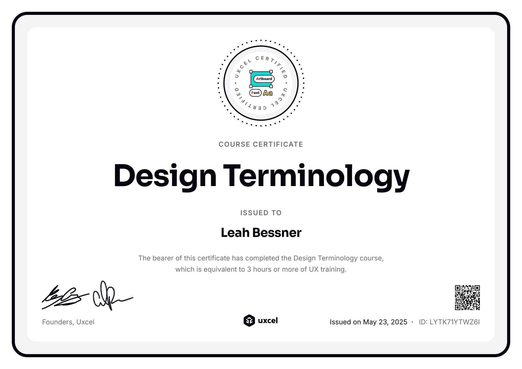 Leah Bessner's certificate